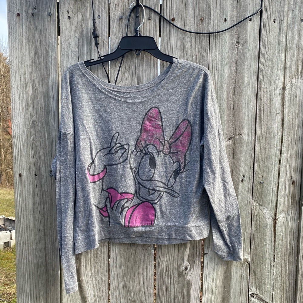Disney Daisy Duck Gray Heather Long Sleeve Graphic Cropped Top Pink Glitter S‎